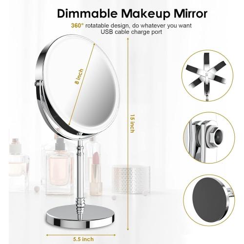 Lighted Makeup Mirror, 3000 mAh Rechargeable Double Sided Magnifying Vanity Mirror with 3 Colors, 1x/10x, 360° Rotation , Brightness Adjustable Magnification Cosmetic Light up Mirror, Women Gift