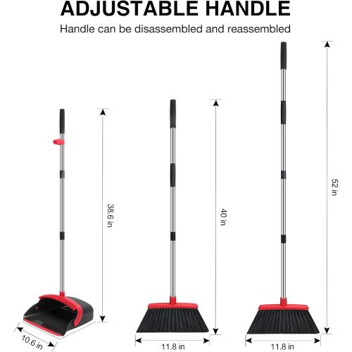 NACENA Broom and Dustpan Set, 52-in Long Adjustable Handle Broom Dustpan Combo with Dustpan Teeth to Automatically Clean Hair Suitable for Home Kitchen Office Hall Floor（Black&Red）