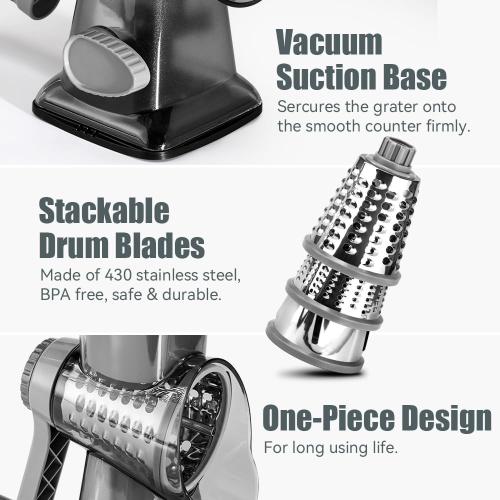 KEOUKE Rotary Cheese Grater Hand Crank Transparent - Shredder Slicer Grinder 3 Stainless Steel Blades, Stable Suction, Labor-Saving Handle, Safe Kitchen Tool for Cheese, Vegetable, Nuts, Chocolate