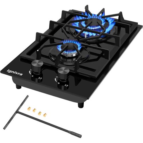Gas Cooktop 2 Burner,12000W Built-in Gas Stove, Black Crystal Tempered Glass Propane Cooktop, 20.08x12.2 Top Propane Stove Indoor LPG/NG Dual Fuel Hob for Apartment Kitchen RV