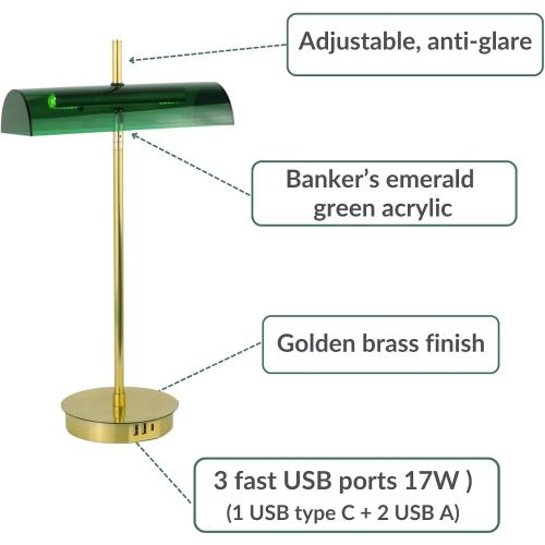 Bankers Modern Desk Lamp, Elevate Your Space with 3-Port Fast Charging Station (A  C USB Ports), Emerald Acrylic Lampshade, Satin Brass Finish. Old Classic with Modern-Inspired Design