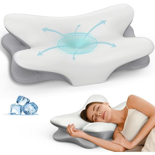 Beige and Grey 25.6 x 15.7 Cervical Neck Pillow for Pain Relief - Ergonomic Side Sleeper Pillow for Neck Support, Cooling Memory Foam Pillows for Sleeping, Contour Pillow Orthopedic Bed Pillow for Back Stomach Sleepers