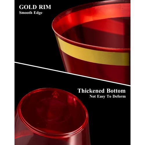 Goodluck 50PCS 9oz Red and Gold Plastic Cups for Party, Disposable Gold Rim Cups, Plastic Cocktail Glasses for Wedding Thanksgiving, Christmas, and Parties