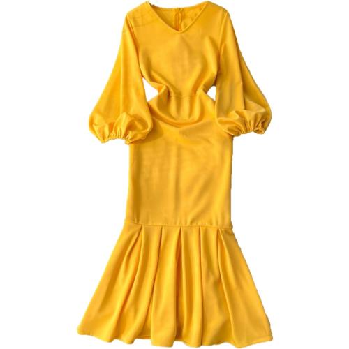 Size XL Color Yellow metamorphosis girl Women Casual Elegant V-Neck Solid Color Dress High Waist Puff Sleeve Ankle-Length Dress