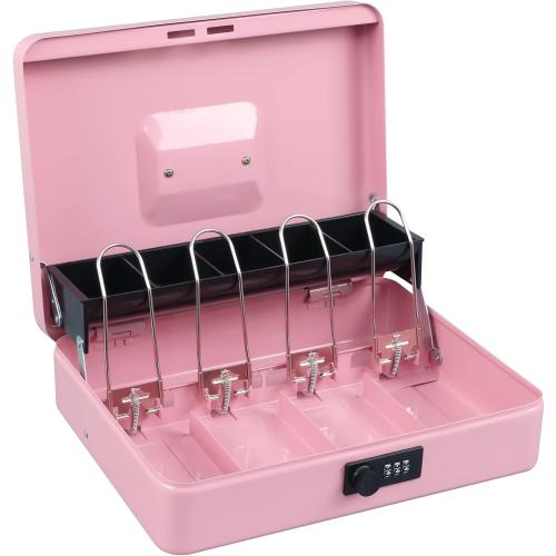 xydled Cash Box with Money Tray and Combination Lock,Tiered, Cantilever Design,4 Bill / 5 Coin Slots,11.8 x 9.5 x 3.5,Pink