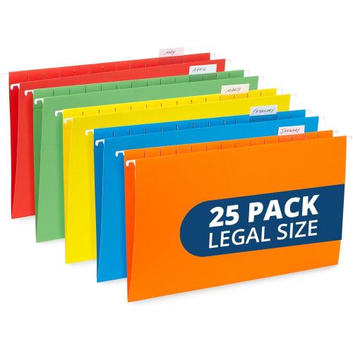 Blue Summit Legal Size Hanging File Folders, Legal Size Folders 9.5” × 14.75”, 25 Reinforced Hanging Files in Assorted Colors, Designed for Home and Office Color Coded File Organization, 25 per Box