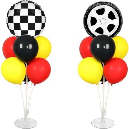 2 Pack Red Yellow and Black Race Car Party Balloons Stand Kit 2 Sets With 2 Checkered Foil Balloon Racing car Party Balloon Red Black Yellow Race Car Birthday Party Decor Set For Boys Let's go Racing New Year Party Decorations