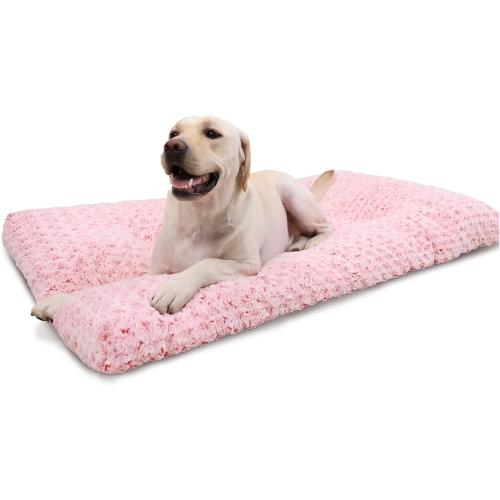 KSIIA Washable Dog Bed Deluxe Plush Dog Crate Beds Comfy Kennel Pad Anti-Slip Pet Sleeping Mat for Large, Jumbo, Medium, Small Dogs Breeds, 35 x 23, Pink