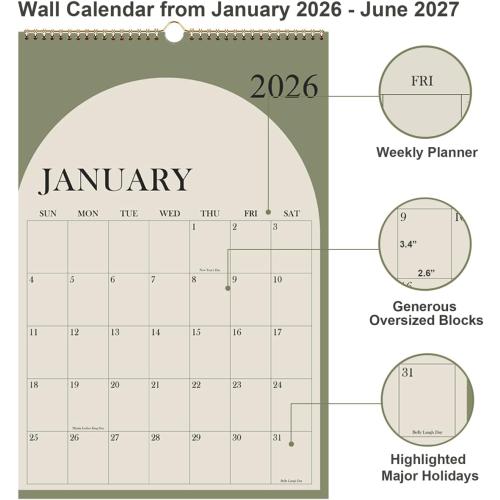 2026 Calendar - Large Calendar 2026-2027 from January 2026 - June 2027, 18 Months Calendar/Planner with Thick Paper, 20 x 30, Vertical, Green