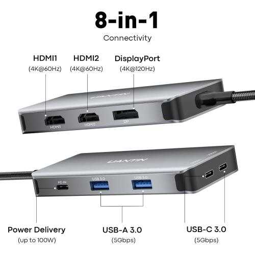UANTIN USB C Docking Station Dual Monitor Adapter, Laptop Docking Station 3 Monitor Triple 4K60Hz Display with 2 HDMI, 4K120Hz DisplayPort, USB-A & USBC Data, 100W PD, USB C Dock for Dell, HP, Lenovo