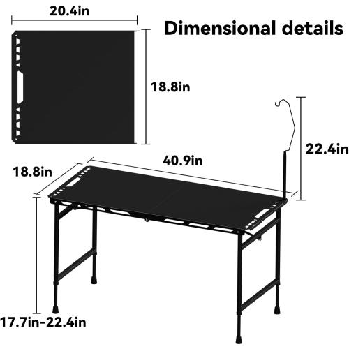 3.4 Ft Folding Camping Table - 12 lb Lightweight Portable Picnic Table with Adjustable Height & Carry Handle - Large Folding Table for Outdoor BBQ, Beach, Hiking & Home