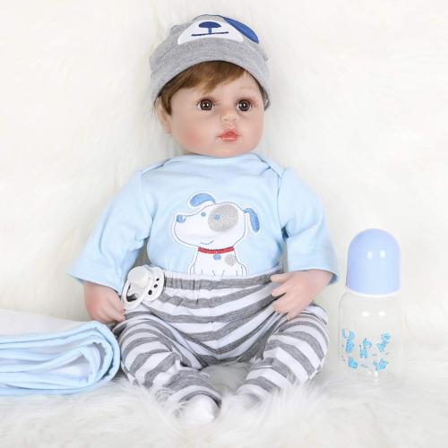 ENADOLL Reborn Baby Doll Realistic Silicone Vinyl Baby Blue Dog Boy 16 inch Weighted Soft Body Lifelike Doll Gift Set for Ages 3