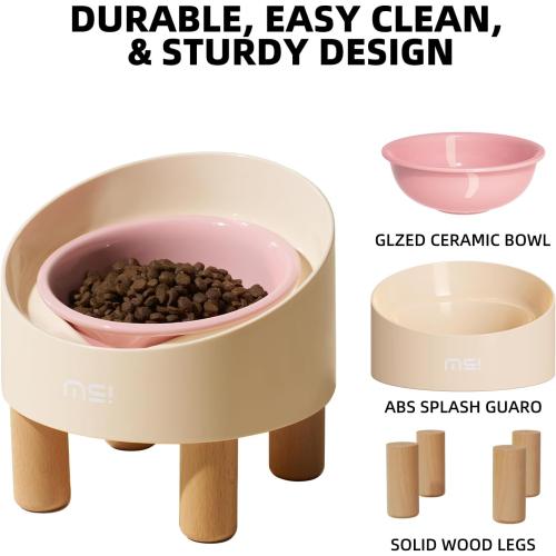 MS!MAKE SURE Cat Bowls, Adjustable Elevated Ceramic Cat Bowls with Anti-Slip Rubber Pad, Splash Guard, Lead & Cadmium Free, Whisker Friendly, for Puppies & Cats - 5.1 Wide, 295ML (10 oz), Pink