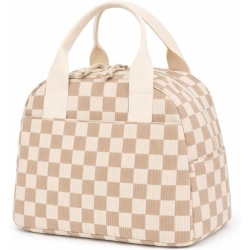 LOVELYWIND Lunch Box for Women, Insulated Lunch Bag,Beige Checkered Tote
