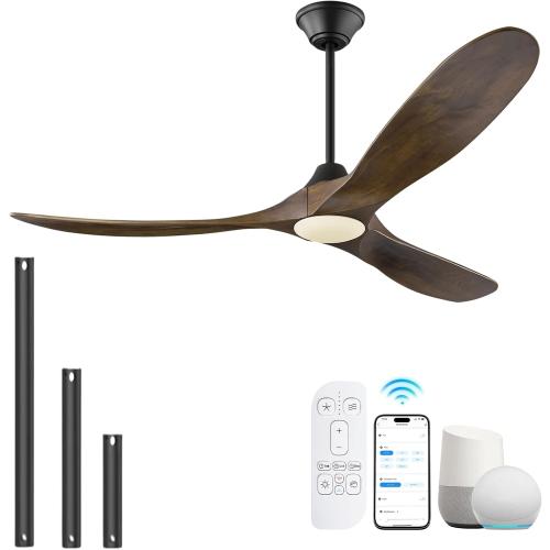 60 Inch Ceiling Fans with Lights, Outdoor Ceiling Fans for Patios with Light Damp Rated, 3 Blades Wood DC Ceiling Fan Modern Large Airflow Commercial Ceiling Fan with Remote & APP for Exterior Indoor