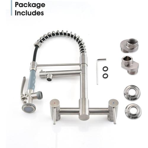 Wall Mount Kitchen Faucet with Pull Down Sprayer, 8 Inch Center Kitchen Sink Faucet, Heavy-Duty Commercial Wall Mount Faucets, 2 Handle Faucet for Kitchen Sink, Brushed Nickel