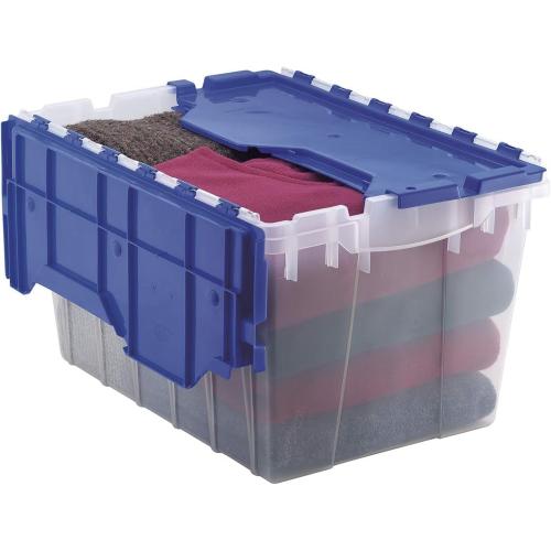 Storage Container, Nesting and Stackable Plastic Storage Box with Lid Attached, Clear Tote for Garages, Closets, and Moving,
