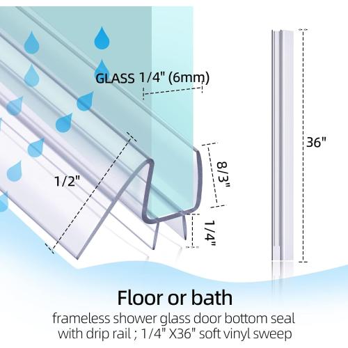 POZIA Shower Door Bottom Seal Frameless Glass Shower Door Seal Strip Clear Vinyl Durable Stop Shower Leaks and Create a Water Barrier Ultra Clear (2PACK-1/4in)