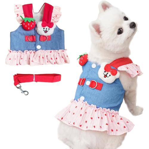 Size M ANIAC Denim Dog Dress Harness with Leash Set Cute Small Dogs Clothes Girl Heart Patterns Puppy Dresses Breathable Mesh Cat Harness Leash Strawberry Chihuahua Yorkie Outfit (Pink Heart)