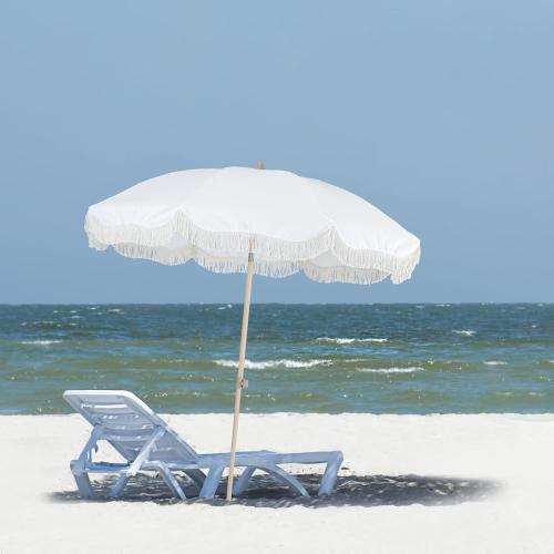 Tempera 6ft Boho Beach & Patio Umbrella with Fringe, Market Umbrellas with UPF 50  UV & Water-Resistant Canopy, 1.5 Wood Pole & Button Tilt.