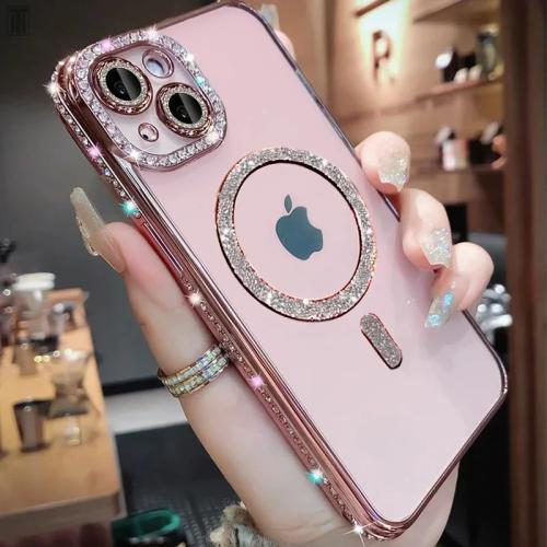 Magnetic Glitter Diamond for iPhone 15 Pro Max Case[Compatible with MagSafe] Glitter Rhinestone Diamond Camera Lens Protector Plated,Clear Slim Military Drop Shockproof Cover for Women,Pink