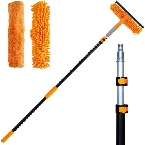 20 Ft  Reach 2 In 1 Window Squeegee Duster with 5-to-12 Foot Extension Pole, Cleaner Tool with 3-Stage Telescoping Pole, Cleaning Kit with Rotatable Head - Chenille Cloth   Microfibre Cloths Head