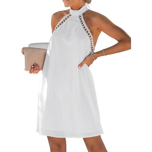 Large Women's Dress Halter Lace Trim Summer Beach Vacation Flowy Mini Dress 2025 Fashion