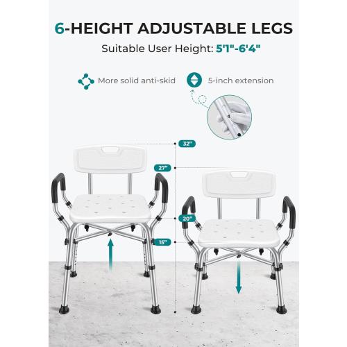 VFAUOSIT Shower Chair for Elderly and Disabled, 550 lbs Shower Chair for Inside Shower with Arms and Back, FSA/HSA 6-Height Shower Seats for Adults with Shower Bag, Bath Chairs for Seniors Inside Tub