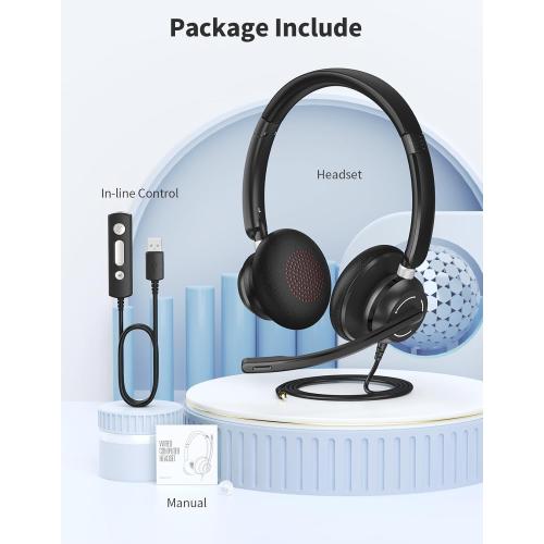 BLACK USB Headset with Microphone for PC, Wired Headphones with Noise Cancelling Mic, Computer Headset with in-line Controls, 3.5mm & USB Plug for Zoom, Skype, Call Center, Office Use, Black