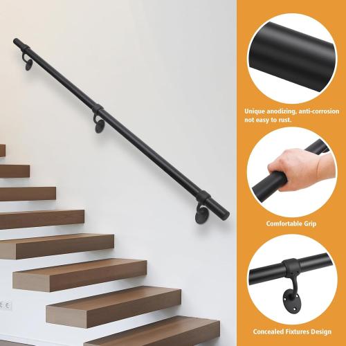 Stair Railing Indoor Metal Hand Rails for Indoor Stairs 1.5 Pipe Aluminum Wall Mounted Outdoor Handrail for Steps Black Industrial Handrail for Stairs 8ft