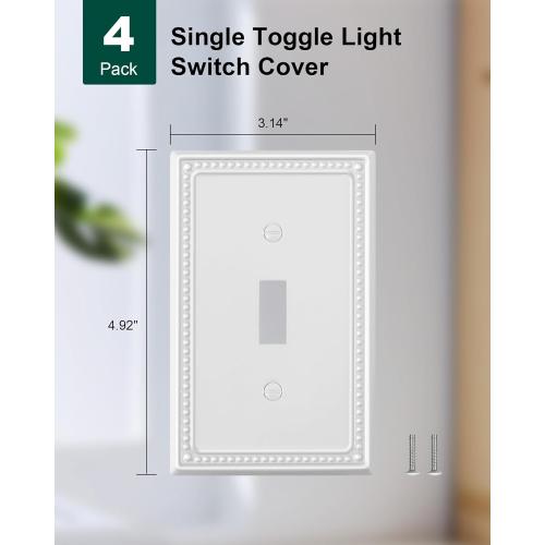 4-Pack Single Toggle Light Switch Cover Plate, Pearls Decorative Switch Plate Covers, Pure White 1 Gang Metal Wall Plate, Corrosion Resistant