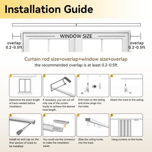 6ft - 9ft Curtain Track, Ceiling Curtain Track for Room Divider, Ceiling Mount Rail Set with Roller Hooks, White, 6ft - 9ft