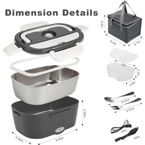 Electric Lunch Box, 12V/24V/110V Portable Food Warmer with SS Fork & Spoon for Car/Truck/Office, 80W Self Heating Lunch Box with 1.5L 304 Stainless Steel Container & 0.45L PP Fruit Box Beige