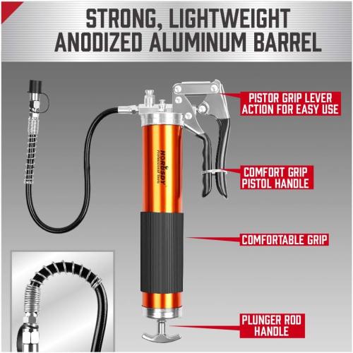 HORUSDY Heavy Duty Grease Gun with 14oz Grease Tubes | Grease Gun Flexible Hose | 7000 PSI | 18 Inch Spring Flex Hose | 2 Working Coupler | 2 Extension Rigid and 1 Sharp Type Nozzle Included
