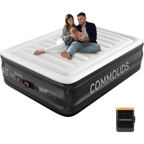 COMMOUDS Queen Air Mattress with 2000mAh Battery Powered Pump, 18 Raised Inflatable Mattress, Portable Blow up Mattress, Air Bed for Camping, Home and Guest