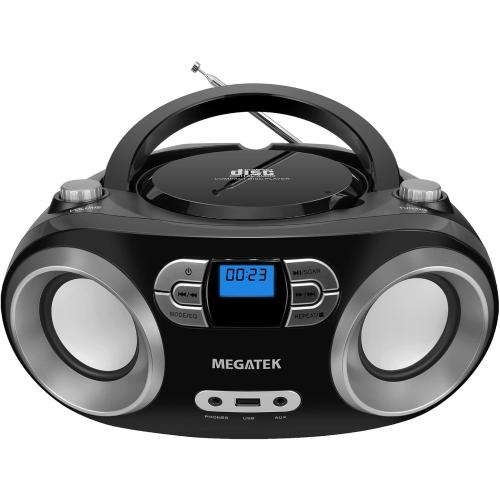 MEGATEK Portable CD Player Boombox with FM Radio, Bluetooth, USB Port, AUX Input, and Headphone Jack – CD-R/CD-RW/MP3-CD Compatible, Clear Stereo Sound, Backlit LCD Display – Black