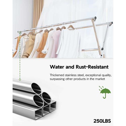 Vikaqi Clothes Drying Rack 79 Inches Folding Indoor Outdoor, Drying Rack Clothing Collapsible, Foldable Laundry Drying Rack, Heavy Duty Stainless Steel Clothesline, Garmet Rack, 20 Hooks 12 Clips