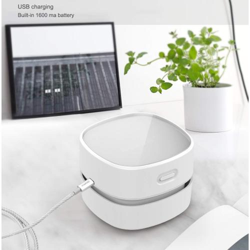 ODISTAR Desktop Vacuum Cleaner,Mini Table dust Sweeper Energy Saving with auto Power-Off Function,High Endurance up to 400 mins,Cordless&360º Rotatable for Keyboard/Home/Office (White USB Charging)