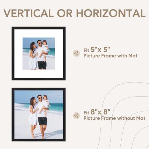 TWING 8x8 Picture Frames 3 Pack, Black 8x8 Frames Display Picture 5x5 with Mat, Square Family Picture Frame Tabletop or Wall Mounting, Ideal Gift for Mother's Day/Birthday Day