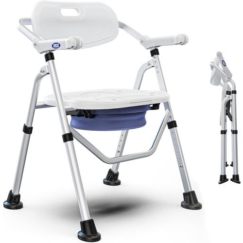 VOCIC Folding Shower Chair for Inside Shower, Lab-Tested 300lbs Heavy Duty Shower Seat for Elderly & Disabled, Flip-Up Arms, Cutout Seat, Height Adjustable Back & Legs, Portable Shower Commode Chair