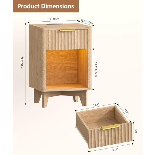 Fluted Nightstand Set of 2, Wooden Night Stand with Charging Station and LED Light, Modern Mid Century End Table with Drawer, Bedside Table for Bedroom, Natural Oak