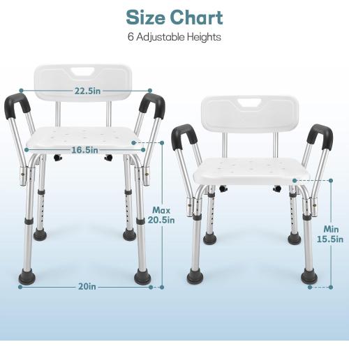 Shower Chair for Elderly and Disabled with Padded Armrests and Back, Adjustable Height Shower Seat, Tool-Free Heavy Duty Shower Chairs for Inside Shower, Handicap