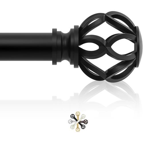 Black Decorative Farmhouse Curtain Rods:18-45 Adjustable Heavy Duty Single Window Curtain Rod for Bedroom Living Room,Matte Black Boho Rustic Drapery Rods with Vintage Twist Finial Easy Install