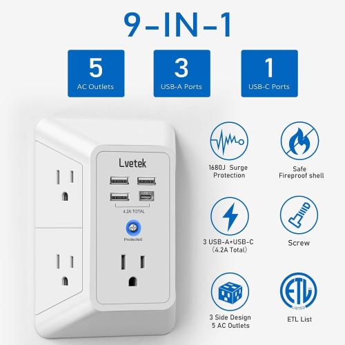 5 Outlet Extender Multi Plug Wall Outlets with 4 USB Charging Ports (1 USB C Outlet), 3 Sided 1680J Surge Protector Power Strip USB Wall Charger for Home, Office, Travel, ETL Listed, White