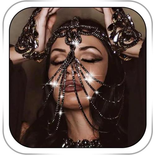 Black Crystal Flapper Head Chain Masquerade Mask Headpiece Wedding Bride Rhinestone Headbands Costume Headwear Women Hair Accessory