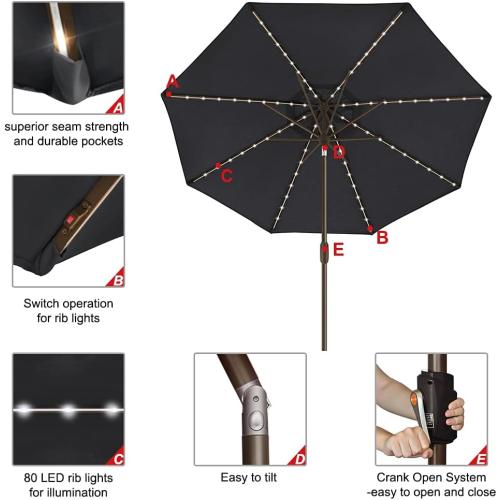 Color Black EliteShade USA 10-Year-Non-Fading Solar 9ft Market Umbrella with 80 LED Lights Patio Umbrellas Outdoor Table Umbrella with Ventilation, Black