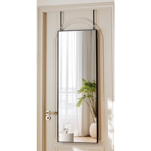 16 x 50 Adjustable Height Over The Door Mirror - Rectangular Full Length Hanging Door Mirror with Shatterproof Tempered Glass Black Metal Frame for Dormitory