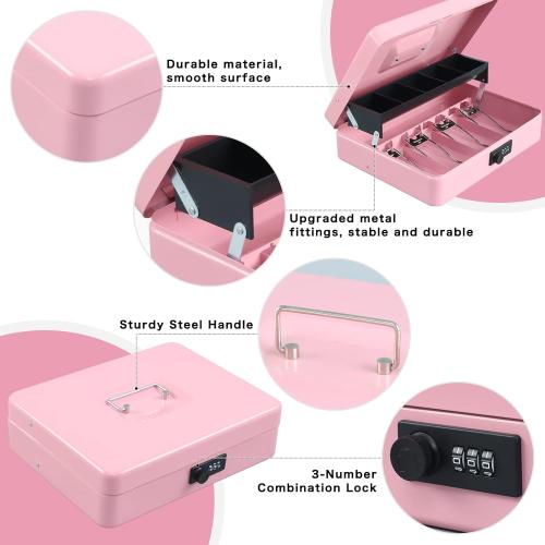 xydled Cash Box with Money Tray and Combination Lock,Tiered, Cantilever Design,4 Bill / 5 Coin Slots,11.8 x 9.5 x 3.5,Pink
