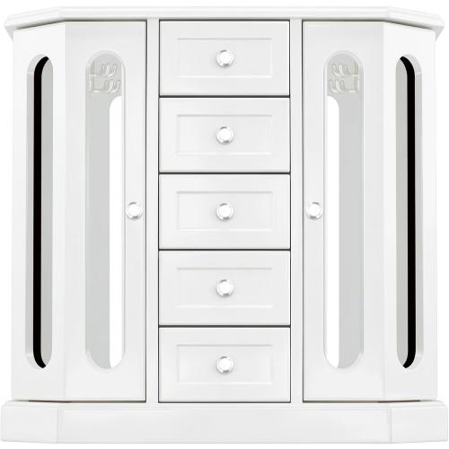 RR ROUND RICH DESIGN Vintage Jewelry Armoire with Mirror White | Solid Wood Jewelry Box Organizer with 5 Drawers & 2 Glass Doors - Large Capacity Desktop Dresser Case