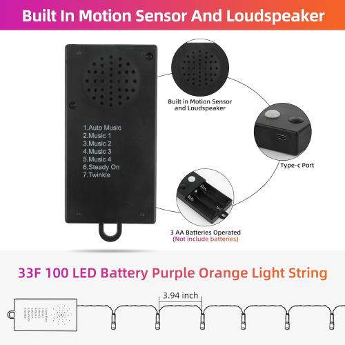 Battery Operated Halloween Lights with Motion Sensor Spooky Music or Battery Powered Orange & Purple 2 Colors in 1 Waterproof 33ft 100LED Halloween Indoor Outdoor Decor